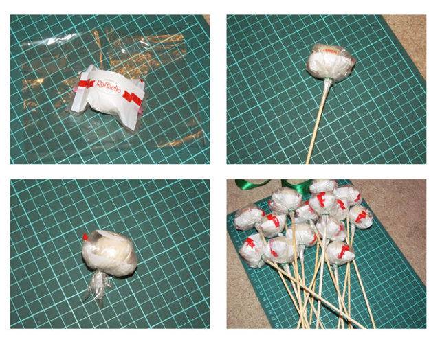 Букет из рафаэлло: пошаговые способы изготовления поделок из конфет и органзы своими руками