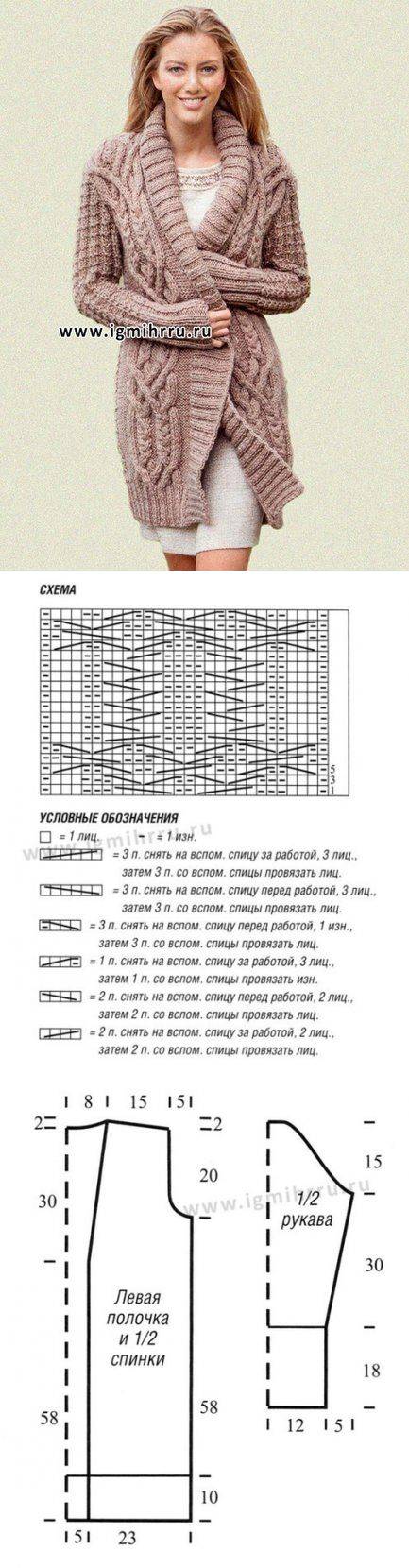 Кардиган косами спицами схемы и описание