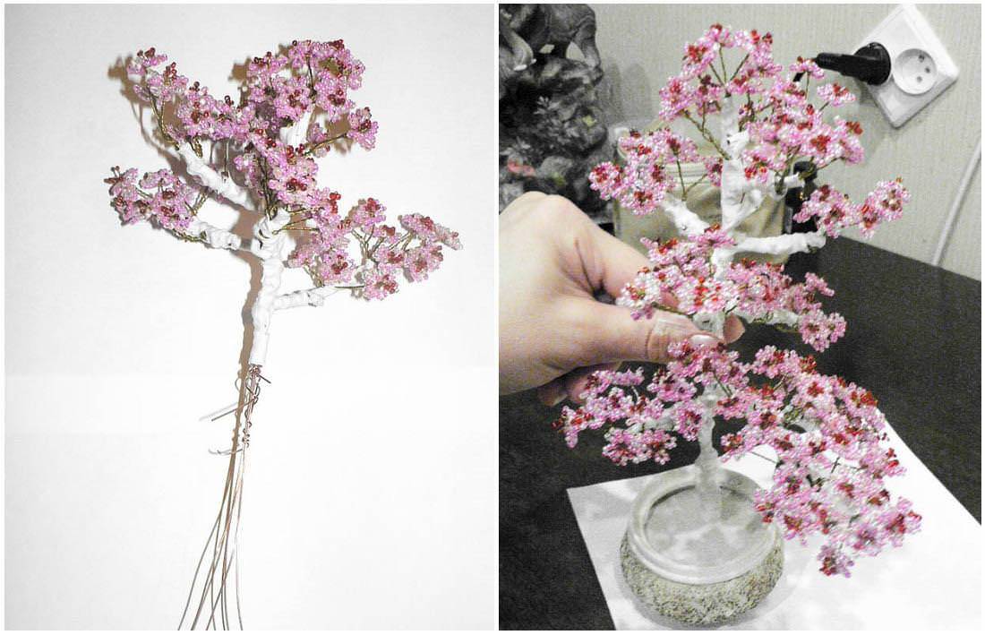 Плетение цветущей розовой сакуры из бисера