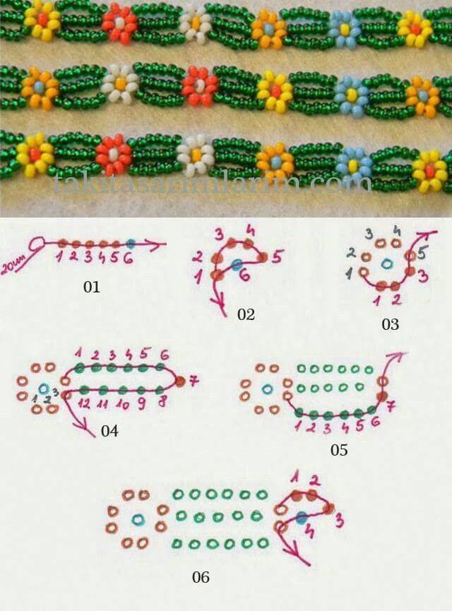 Как сплести из бисера браслет с цветочками схема