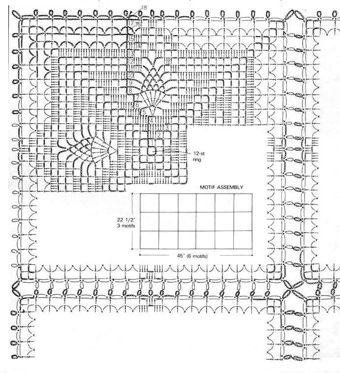 Квадратные мотивы крючком со схемами для скатерти