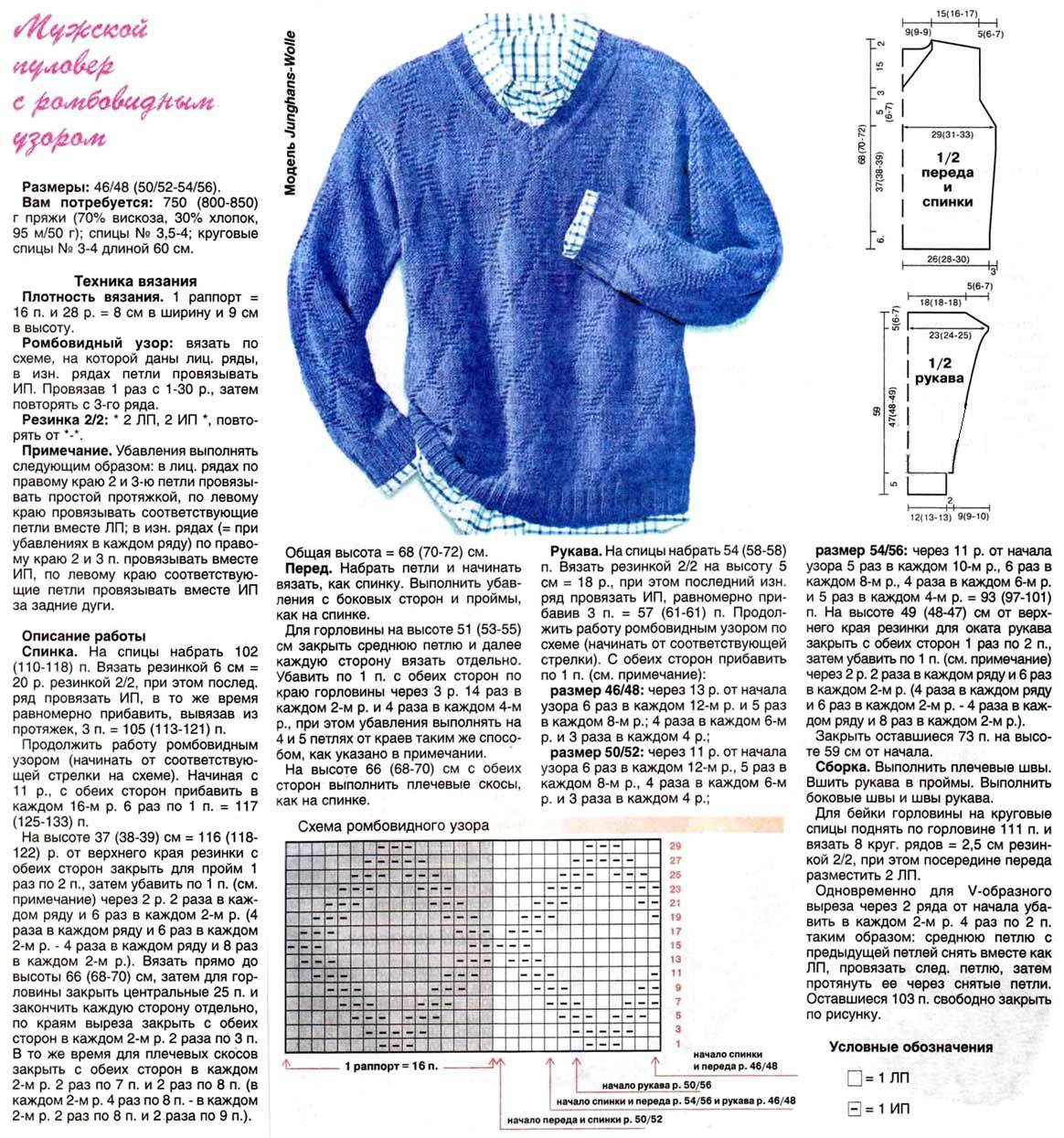 Схемы вязания мужского пуловера спицами размер