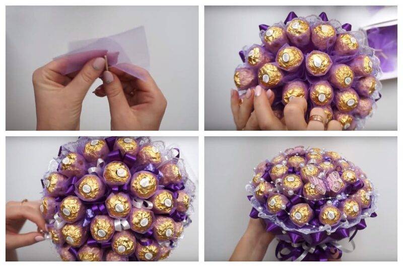 Букеты из конфет своими руками: пошаговое фото для начинающих
