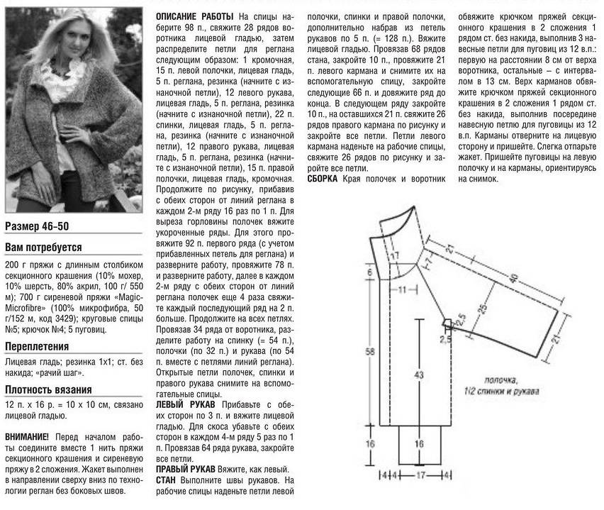 Женский жакет спицами реглан сверху с описанием и схемами