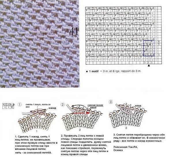 Узор со снятыми петлями спицами схемы и описание