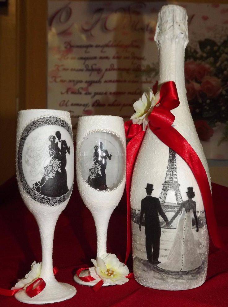 Декупаж свадебных бутылок шампанского: мастер класс с фото
